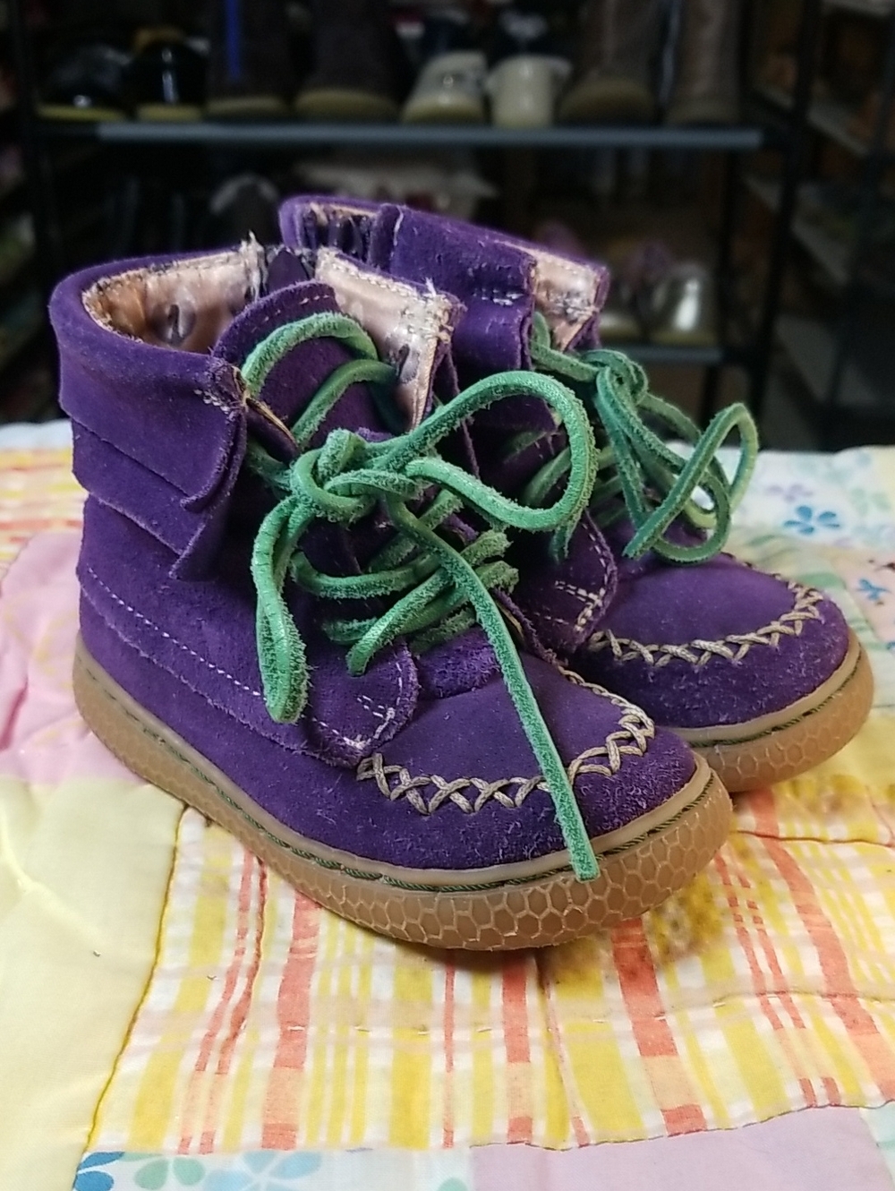 Livie & Luca Purple Suede Kids Lace-Up Boots with Green Laces Size 6